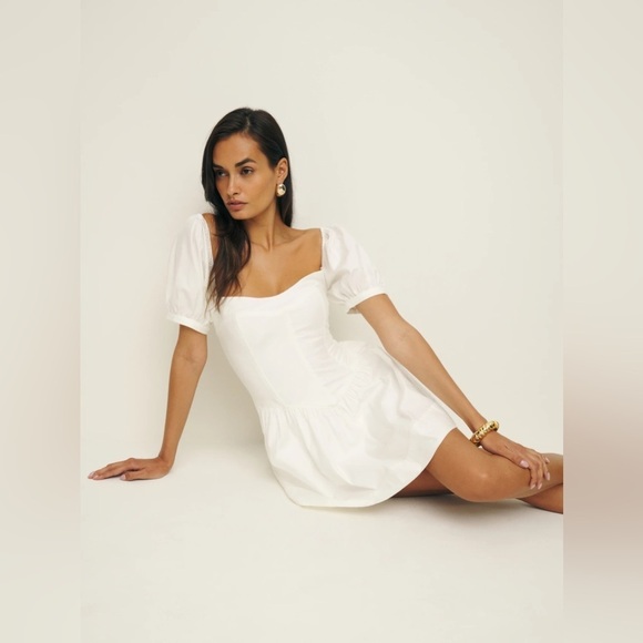 NEW Reformation Calie Mini Short Sleeve Dress Stretch  Cotton White | size 4 - Picture 5 of 11